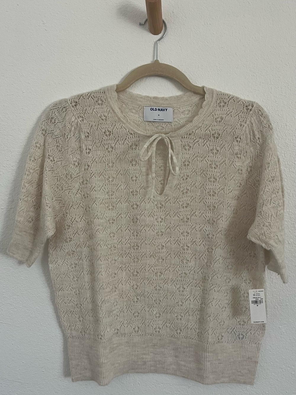 Old Navy Cream Openwork Short-Sleeve Tie-Neck Sweater